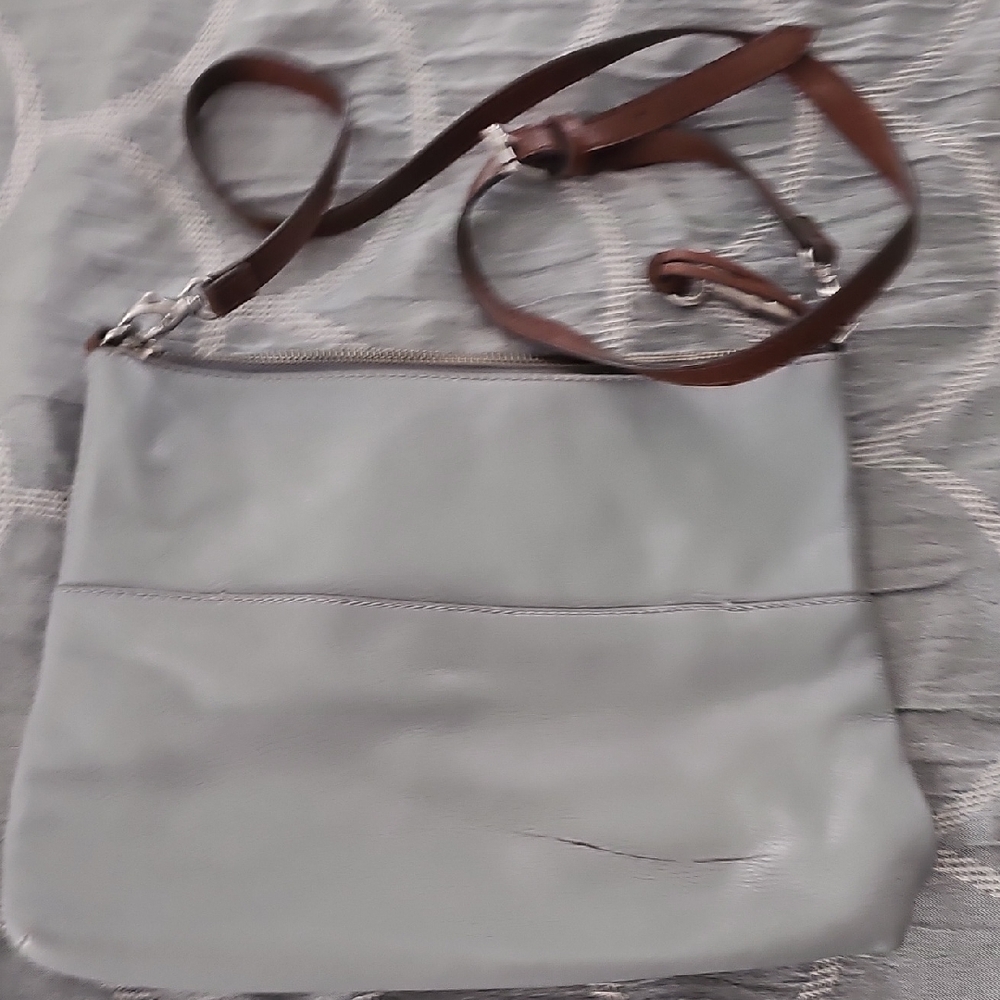 Fossil Gray Leather Crossbody Bag with Brown Strap